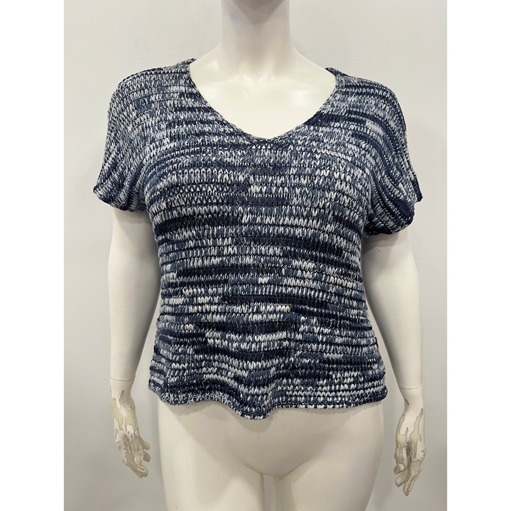 Eileen Fisher Sweater Top Womens Plus 1X Blue Marled Cotton Viscose V-Neck Knit